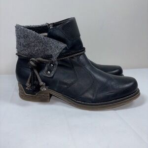 Rieker Women's 40 Fee 79693 Gray Blue Ankle Boot Cozy Zip Knotted Detail Comfort